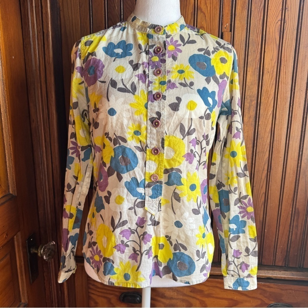 BODEN 100% Cotton Light Floral 3/4 Button Down Top Size 8 Spring/Summer
